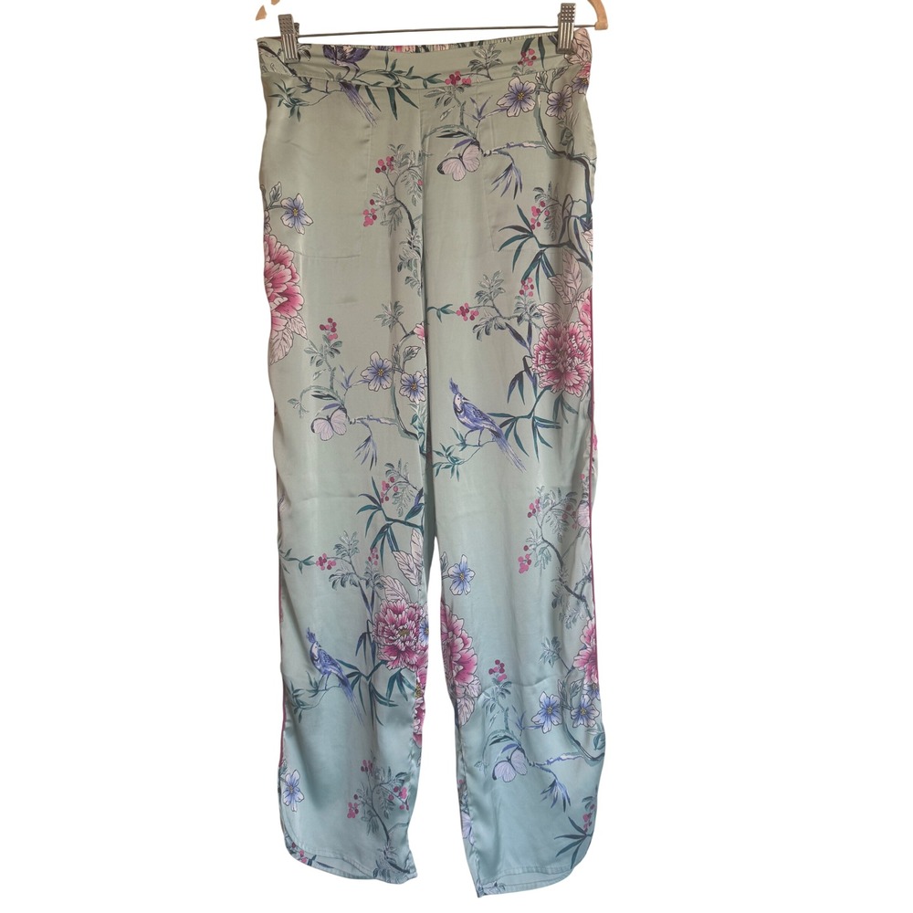 Soma Mint Green Floral Bird Butterfly Satin Wide Leg Pajama Lounge Pants Small